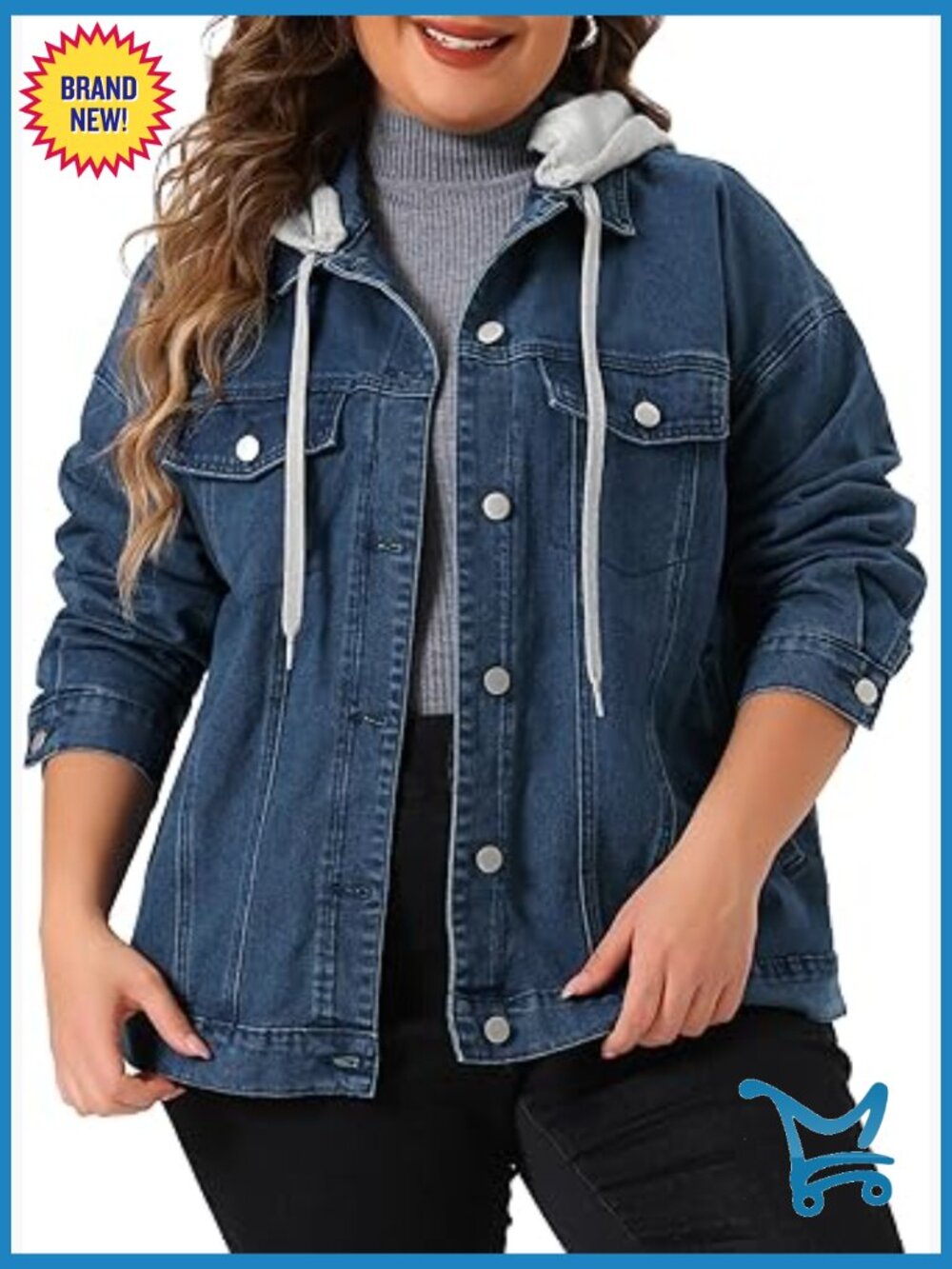 Plus Size Denim Jacket with Detachable Hood Oversized Jean Shacket Pockets
